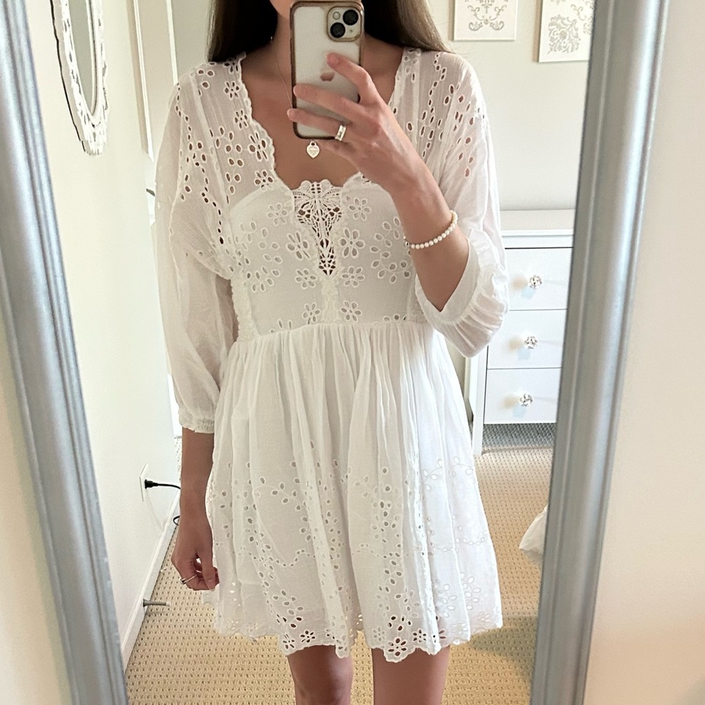 Free People White Eyelet Long Sleeve Dress